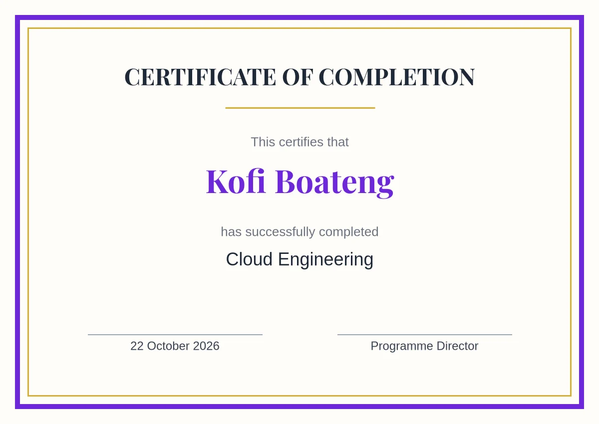 A certificate of completion for Kofi Boateng in Cloud Engineering