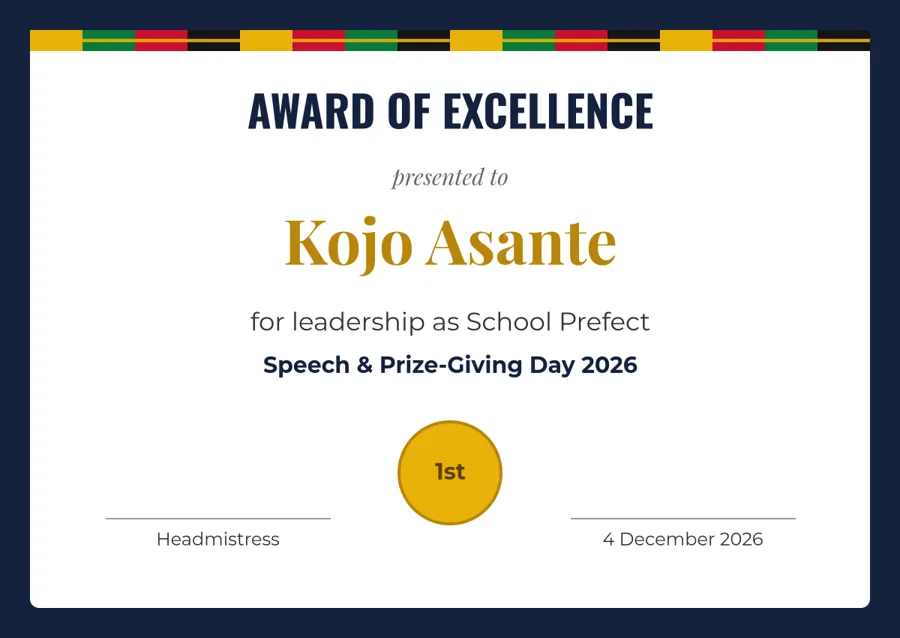 An award of excellence certificate
