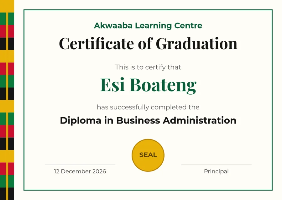 A graduation certificate for Abena Owusu