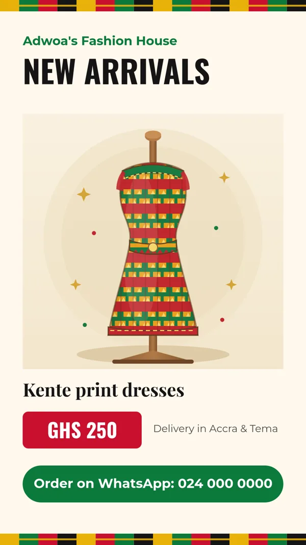 A WhatsApp Status promo for new kente dresses